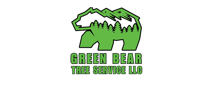 Green Bear Tree Service LLC logo featuring bear silhouette with mountains and forest trees NC