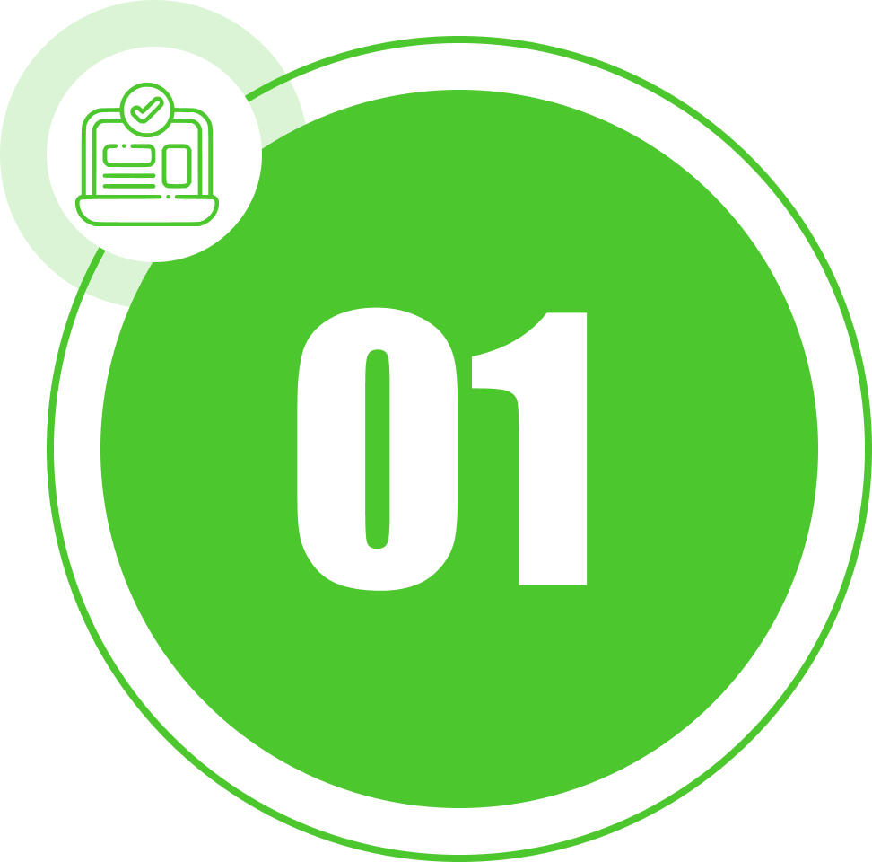 Green Bear Tree Service step one online booking form icon with laptop and checkmark NC